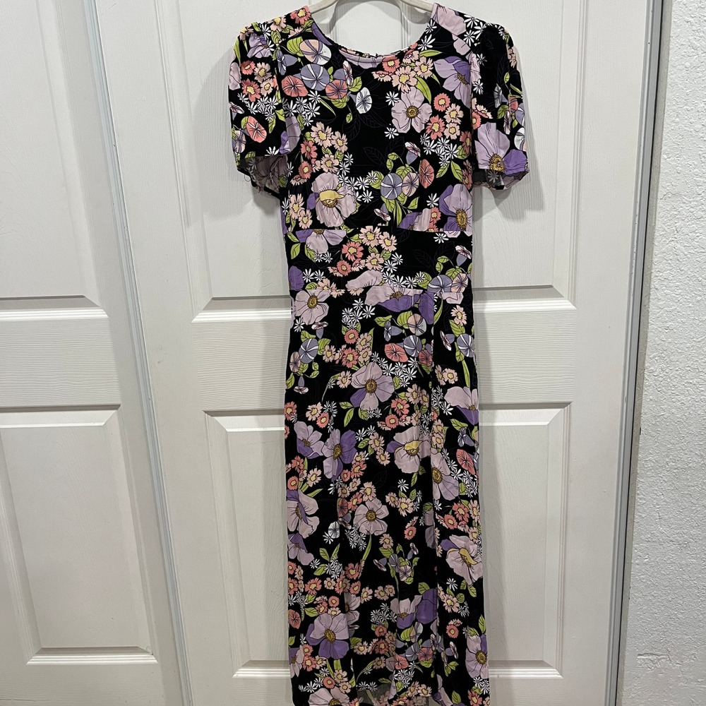 AFRM Los Angeles Floral Print Midi Dress Women's Puff Sleeve Cutout Back Size M